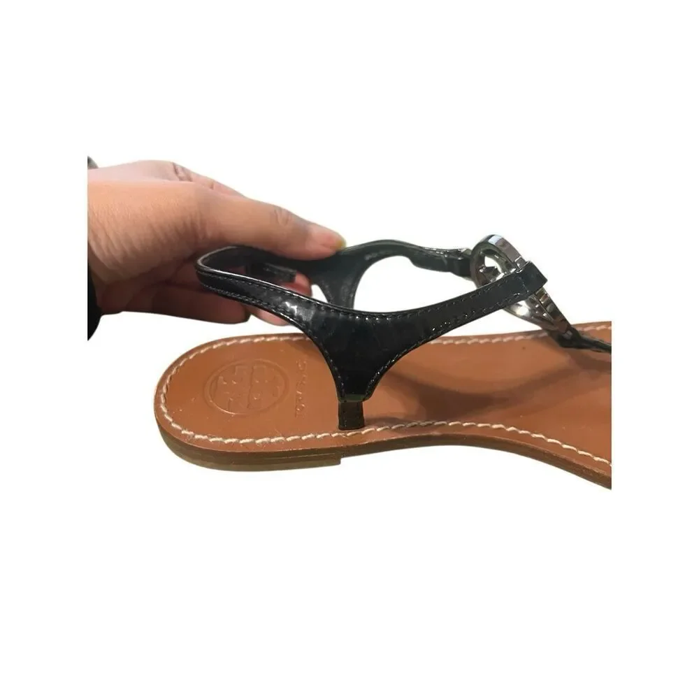 Tory Burch Violet Sandal Shoe sz 9.5 T-Strap Black Leather Rhinestone